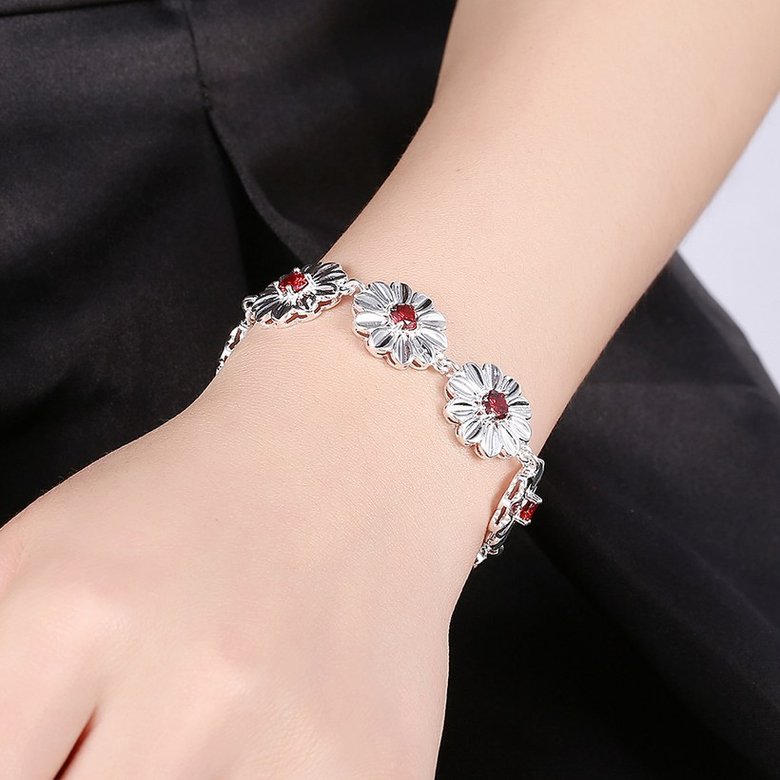 Wholesale Trendy Silver Plant 8 Flower Red Glass Bracelet TGSPB186 3