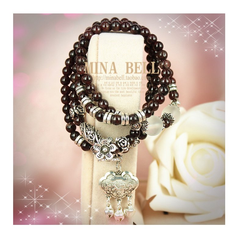 Wholesale Natural Garnet Bracelet Women's Three-Laps Beads Bracelet With Flower longevity lock Charms Multi Layers Crystal Jewelry VGB014 0