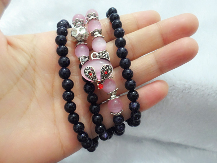 Wholesale Natural Blue sandstone Crystal Stone Stone Bracelet Pink Fox Clover Charm Buddha Prayer Beads Mala Multi-layer Wrap Bracelet VGB021 5