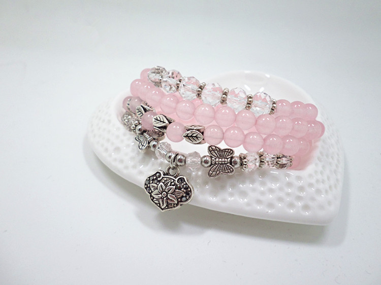 Wholesale Women Bracelets Charms Natural Stone Bracelets Pink Quartz with Butterfly Pendent Bracelets for Women Stone Beads Charms Jewelry VGB022 2