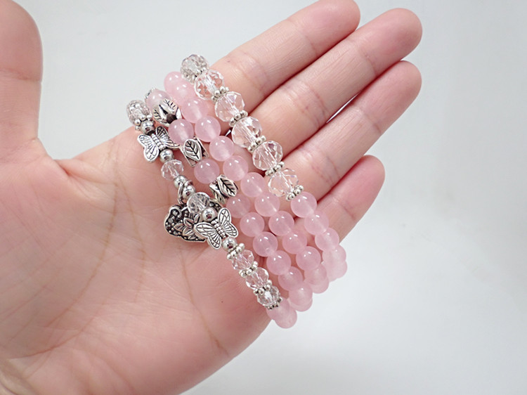 Wholesale Women Bracelets Charms Natural Stone Bracelets Pink Quartz with Butterfly Pendent Bracelets for Women Stone Beads Charms Jewelry VGB022 3
