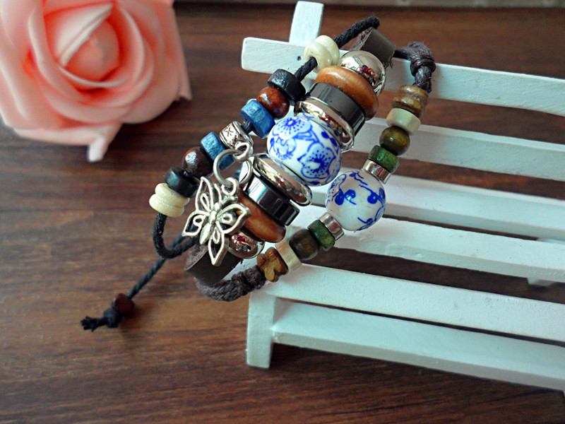 Wholesale Fashion wholesale jewelry Wristband Cuff Leather Bracelet Blue And White Porcelain Beads Bracelet Ethnic Bijouterie VGB024 6