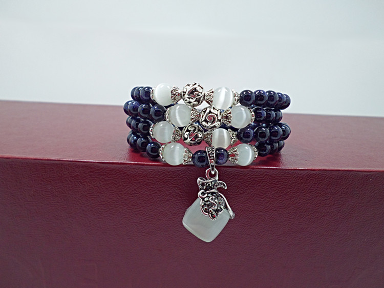 Wholesale Blue gold sand natural stone opal bracelet retro beads charms expandable fashion unisex jewelry VGB055 1