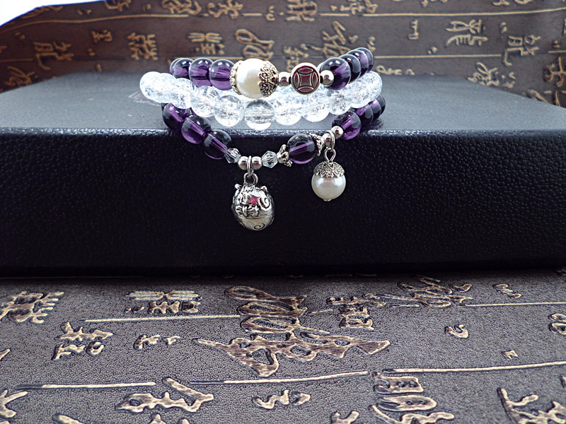 Wholesale Trendy Lucky Cats Natural Amethyst Crystal Ball Beads Elastic Bracelets For Women Fashion Hands Jewelry Lovely Bracelet VGB057 4