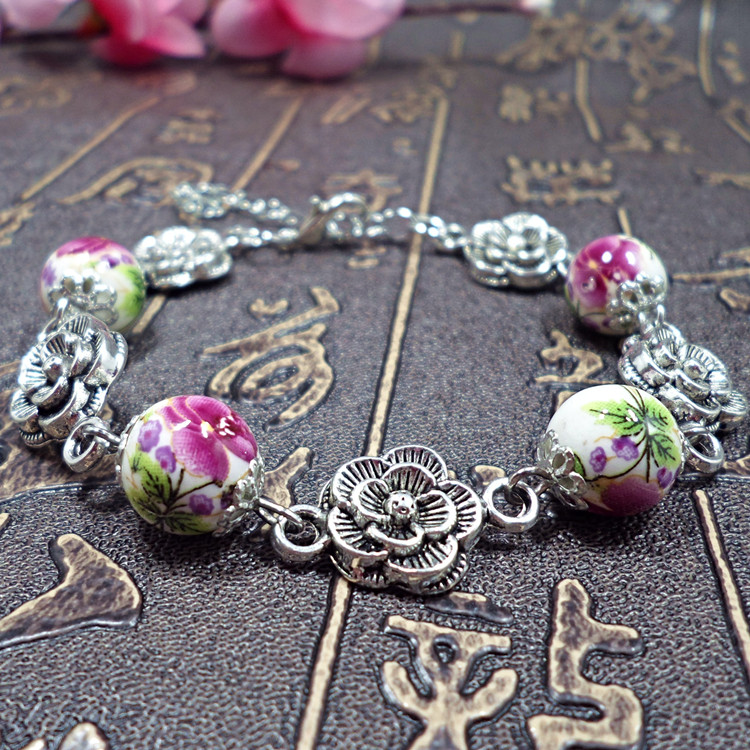 Wholesale Chinese Style Ceramic Bracelet Women Female Handmade Rose Flower Beads Charm Bracelet Hot Selling Ethic Beaded Bangles VGB068 12