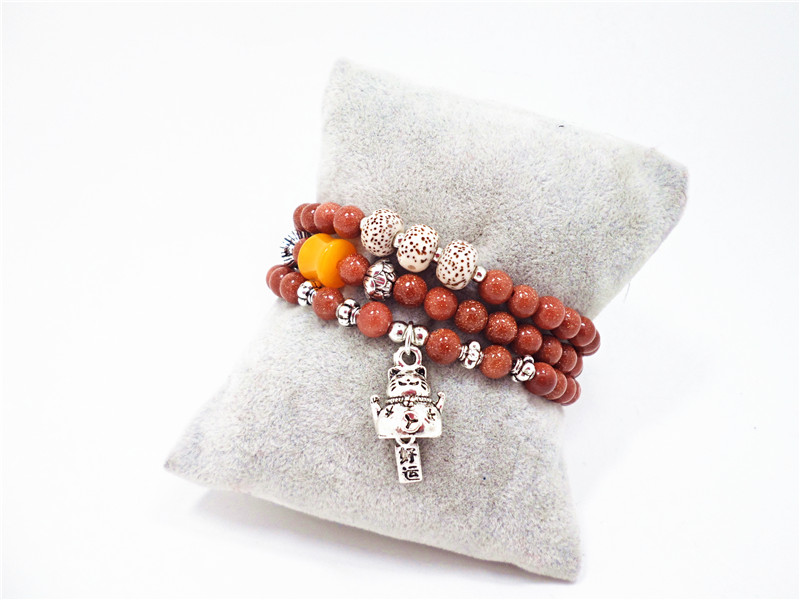 Wholesale Natural Gold SandStone Round beads luck cat bracelets Buddhist Prayer Beads Bracelet For Women Yoga Meditation jewelry VGB078 0
