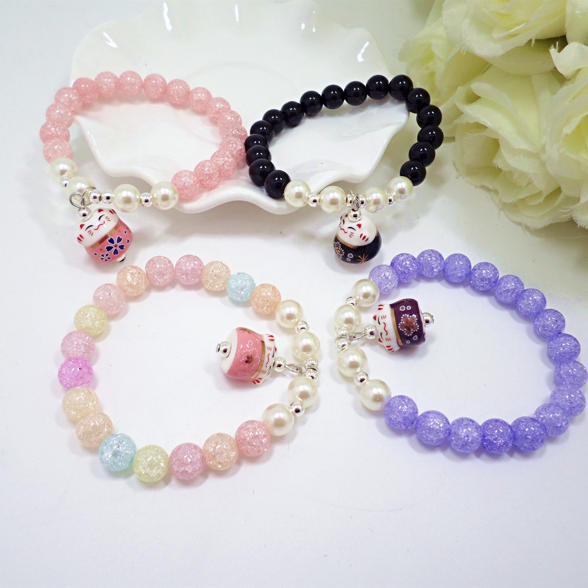 Wholesale Trendy Lucky Cats Natural Crystal Ball Beads Elastic Bracelets & Bangles For Women Fashion Hands Jewelry Lovely Bracelet VGB079 1