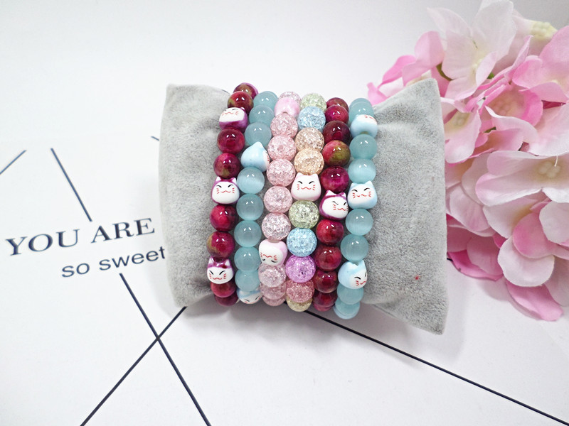 Wholesale Multicolor choice Trendy Lucky Cats Natural Crystal Beads Elastic Bracelets  For Women Fashion Hands Jewelry Lovely Bracelet VGB091 0