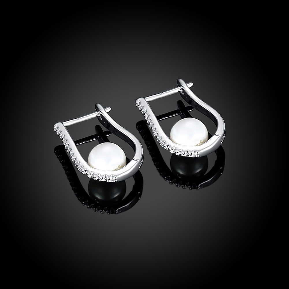 Wholesale New Fashion Luxury U Shape Silver Plated AAA Zircon Gem Stone Pearl Stud Earrings For Women Jewelry TGCLE064 1
