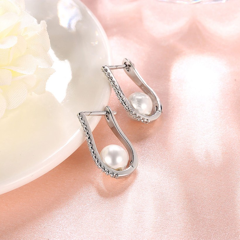 Wholesale New Fashion Luxury U Shape Silver Plated AAA Zircon Gem Stone Pearl Stud Earrings For Women Jewelry TGCLE064 2
