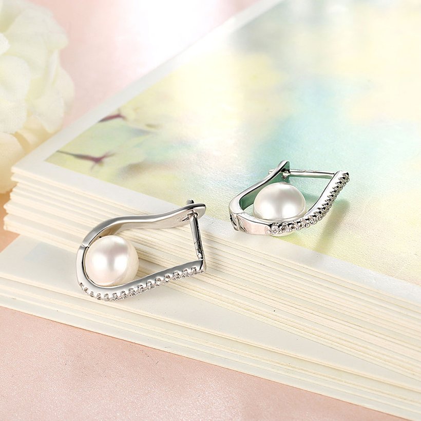Wholesale New Fashion Luxury U Shape Silver Plated AAA Zircon Gem Stone Pearl Stud Earrings For Women Jewelry TGCLE064 3