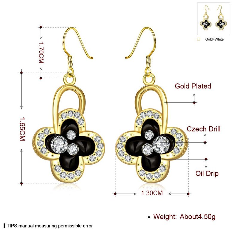 Wholesale Fashion Classic 24K Gold Plated Rhinestone Dangle Earring clover black earring jewelry  TGGPDE075 0