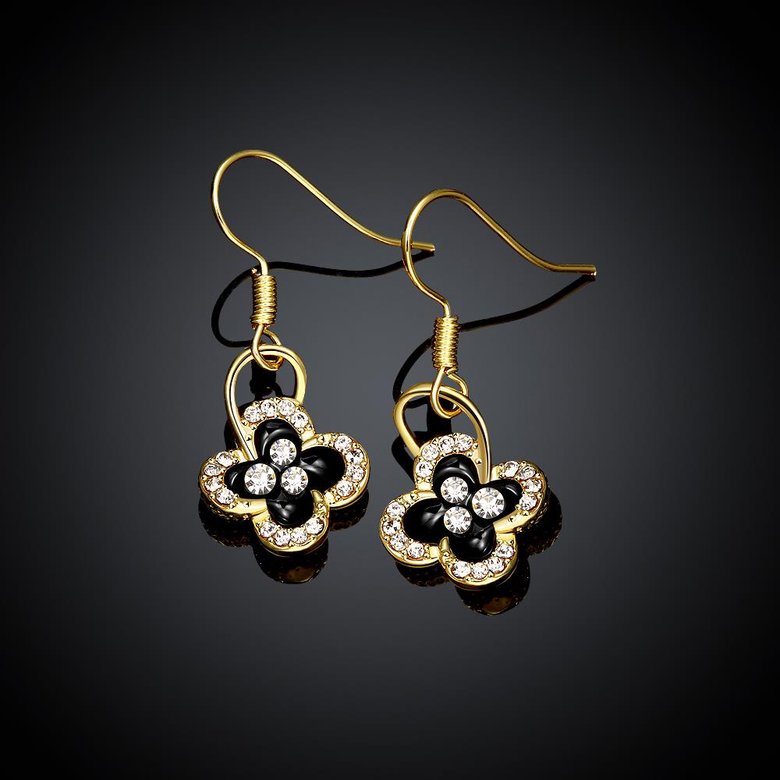 Wholesale Fashion Classic 24K Gold Plated Rhinestone Dangle Earring clover black earring jewelry  TGGPDE075 1