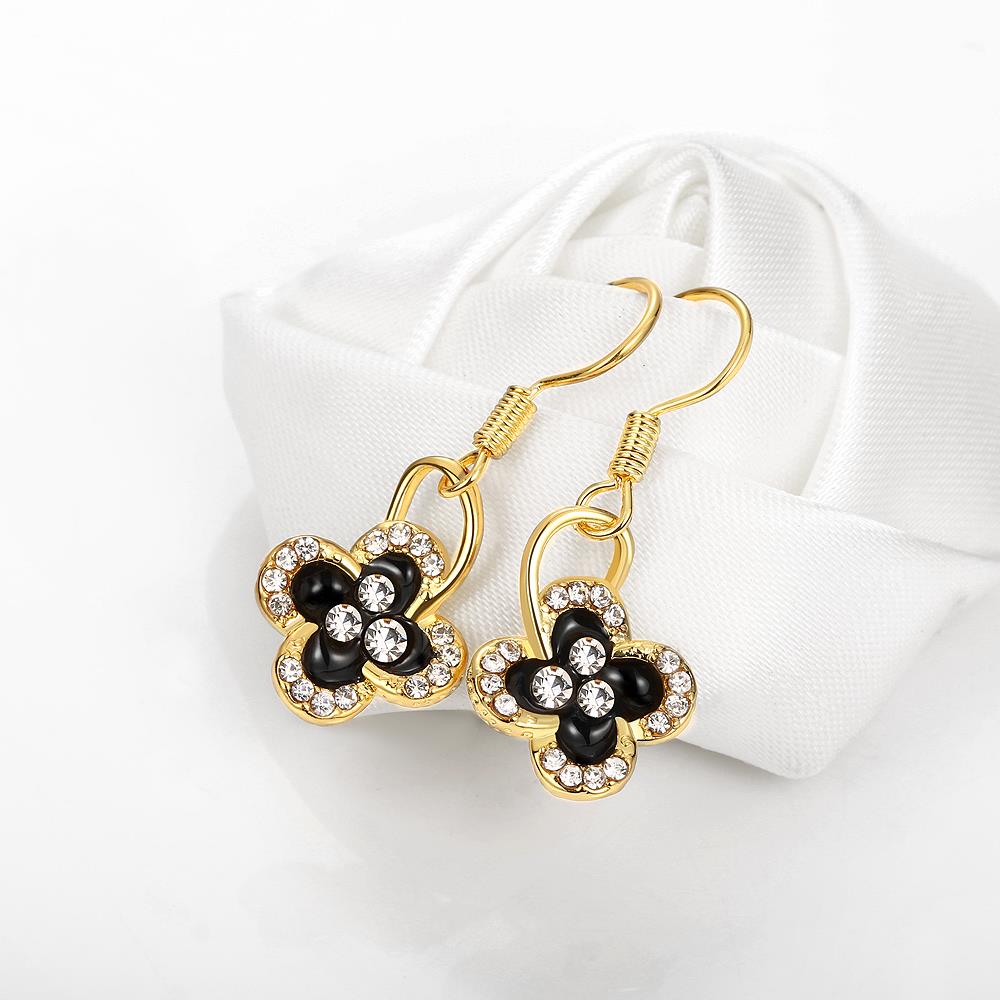Wholesale Fashion Classic 24K Gold Plated Rhinestone Dangle Earring clover black earring jewelry  TGGPDE075 2