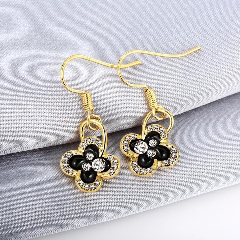 Wholesale Fashion Classic 24K Gold Plated Rhinestone Dangle Earring clover black earring jewelry  TGGPDE075 3