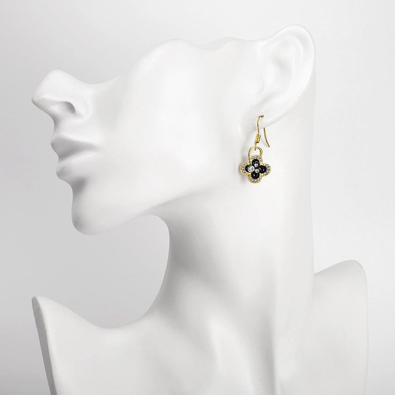 Wholesale Fashion Classic 24K Gold Plated Rhinestone Dangle Earring clover black earring jewelry  TGGPDE075 4