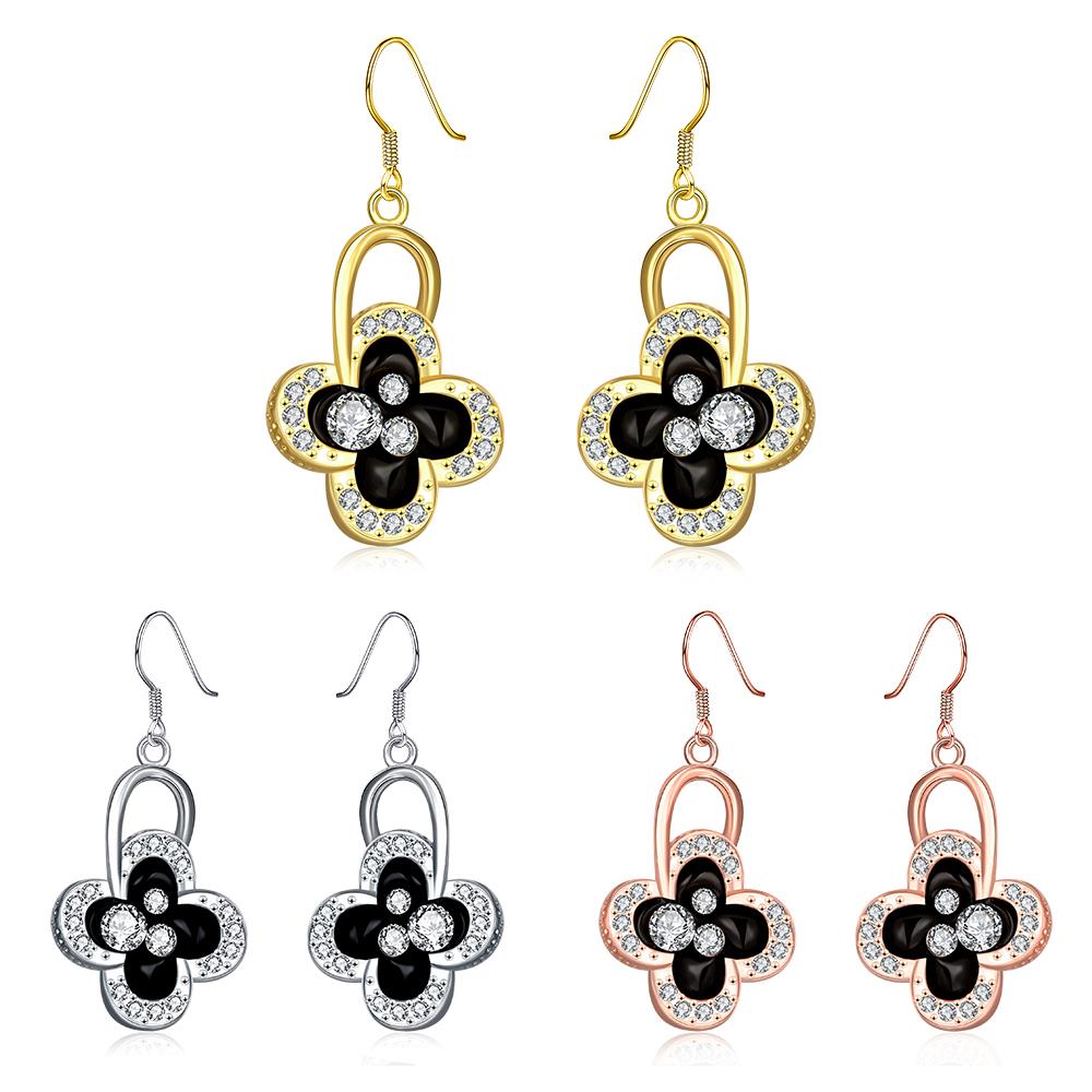 Wholesale Fashion Classic 24K Gold Plated Rhinestone Dangle Earring clover black earring jewelry  TGGPDE075 5