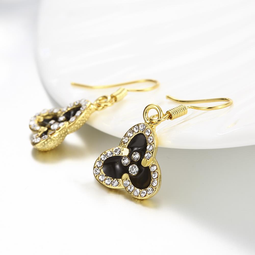 Wholesale Fashion Classic 24K Gold Plated Rhinestone Dangle Earring clover black earring jewelry  TGGPDE079 2
