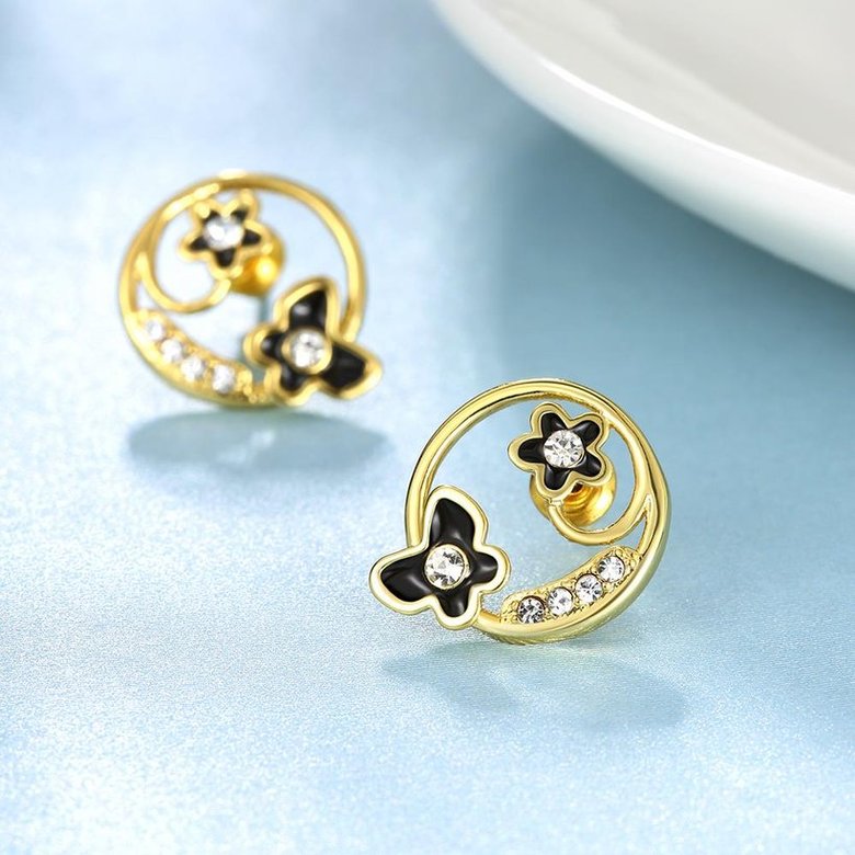 Wholesale Special cute Black enamel Stud Earrings for Women flower Cubic Zirconia 24K Gold Ear Studs Party Jewelry Girls Gifts TGGPE167 3