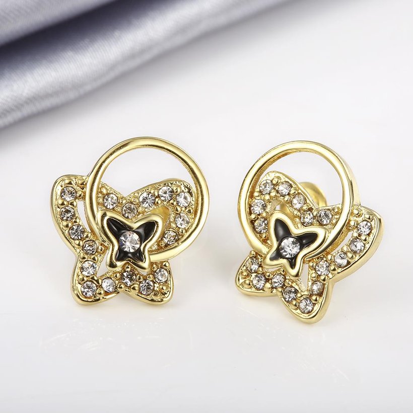 Wholesale Special cute Black enamel Stud Earrings for Women butterfly shape Cubic Zirconia 24K Gold Ear Studs Party Jewelry Girls Gifts TGGPE179 5