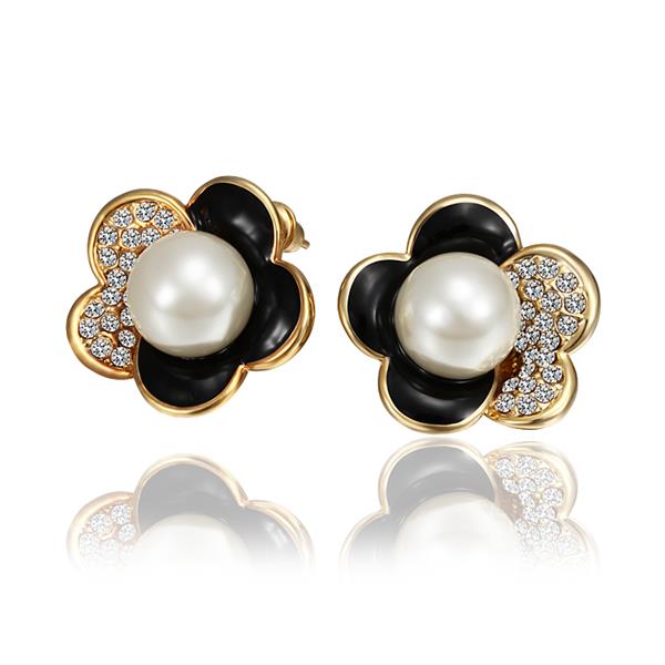 Wholesale Korea Style Flower Shape black Enamel Earrings gold color crystal earrings for Girls Party Cute Lovely jewelry TGGPE358 0