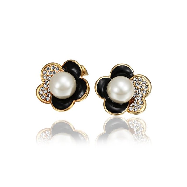 Wholesale Korea Style Flower Shape black Enamel Earrings gold color crystal earrings for Girls Party Cute Lovely jewelry TGGPE358 0