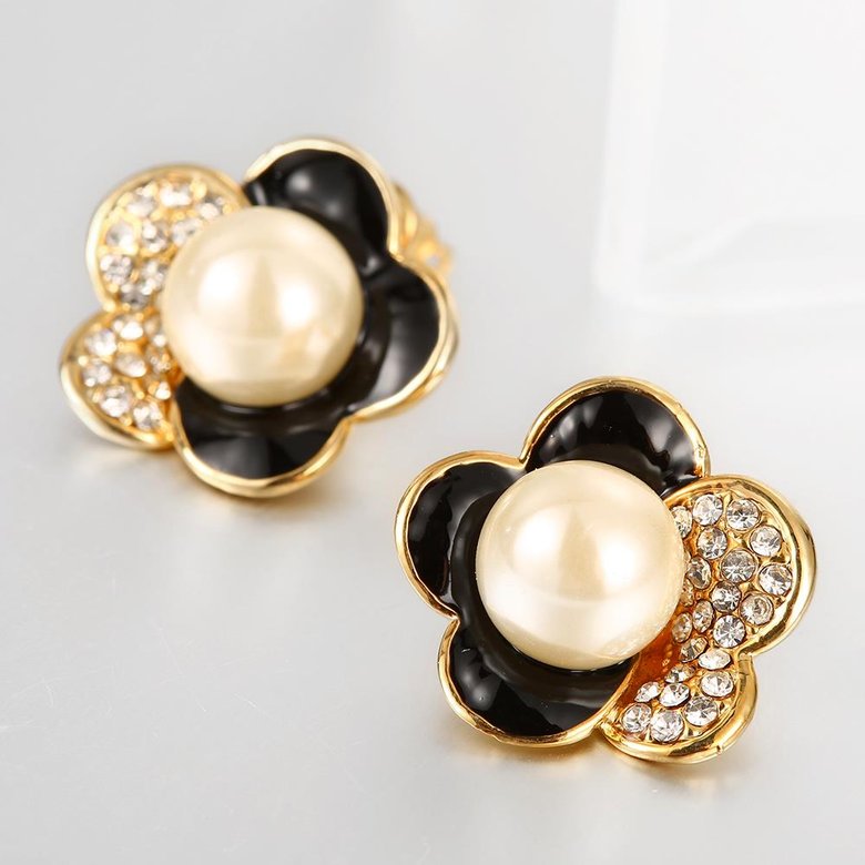Wholesale Korea Style Flower Shape black Enamel Earrings gold color crystal earrings for Girls Party Cute Lovely jewelry TGGPE358 4