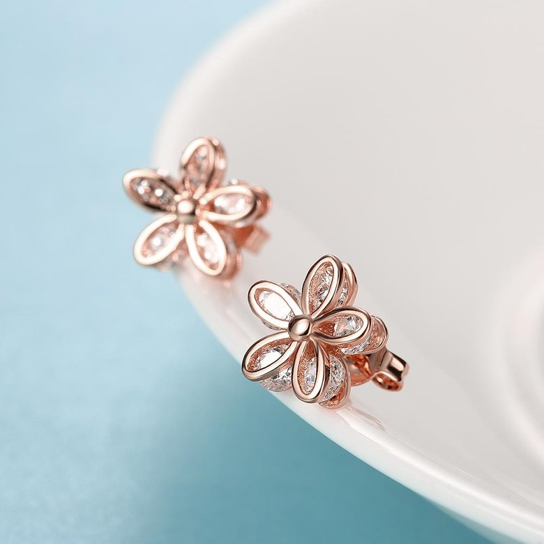 Wholesale Romantic Rose Gold Bling Zircon Stone Flower Stud Earrings for Women Korean Fashion Jewelry New arrival Hot Sale TGGPE240 2