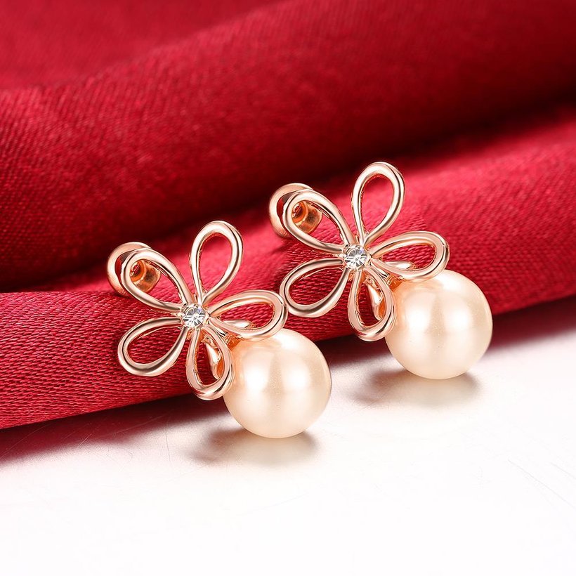 Wholesale Romantic Rose Gold plated flower for women's pearl earrings crystal  high quality jewelry TGGPE316 2