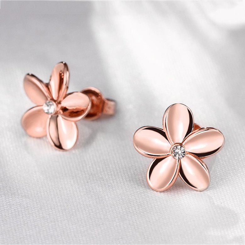 Wholesale Trendy hot sale Women Lady Elegant Rose Gold Flower Shape Crystal Rhinestone Small Stud Earrings Girlfriend Party Jewelry TGGPE326 4