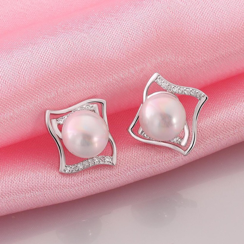 Wholesale Classic Platinum big Pearl Stud Earring  Simpl Elegant square Accessories Wedding Party Anniversary Gift Love Jewelry TGPE029 0