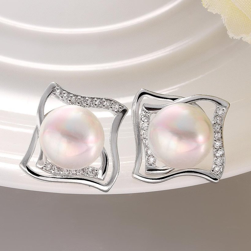 Wholesale Classic Platinum big Pearl Stud Earring  Simpl Elegant square Accessories Wedding Party Anniversary Gift Love Jewelry TGPE029 3