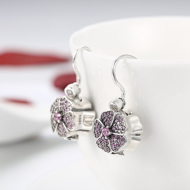 Wholesale China jewelry 925 Sterling Silver clover dangle earring purple flower Zircon Earrings For Women Banquet fine gift TGSLE131 3