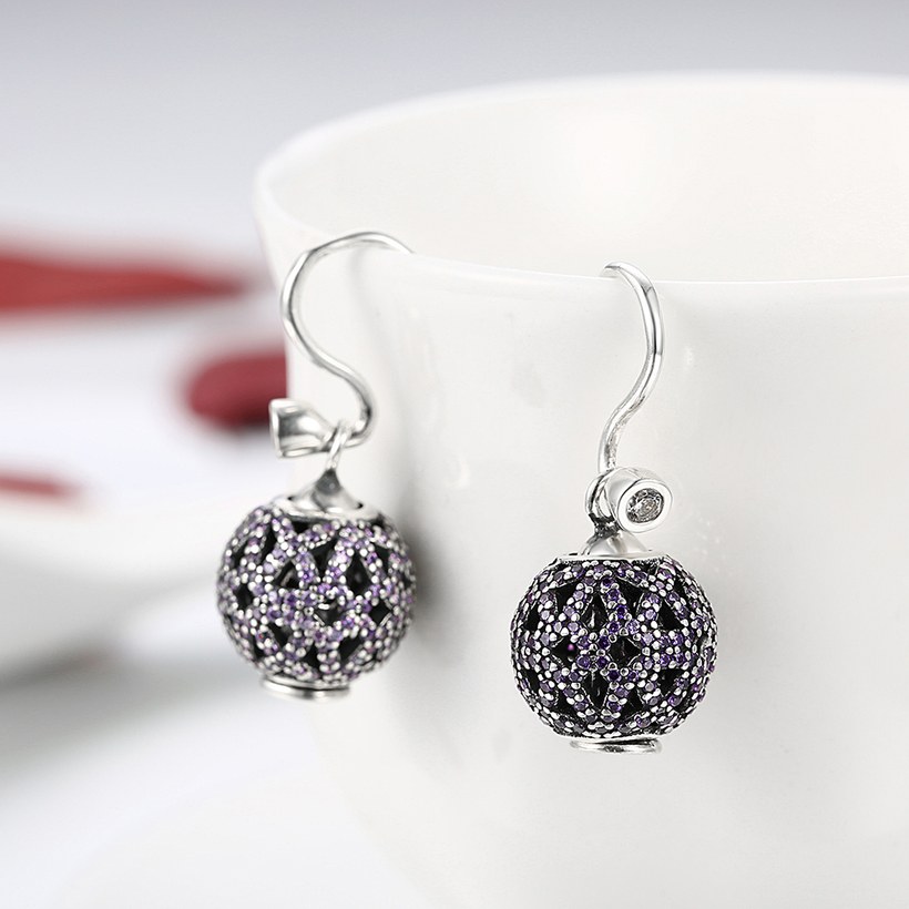 Wholesale Popular 925 Sterling Silver round ball dangle earring purple hollow out zircon Earrings For Women Banquet fine gift TGSLE144 3
