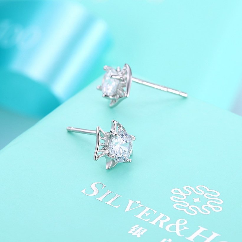 Wholesale China fashion jewelry unique 925 Sterling Silver Earrings High Quality for Woman cute little fish shiny Zircon Hot Sale Earrings TGSLE034 2