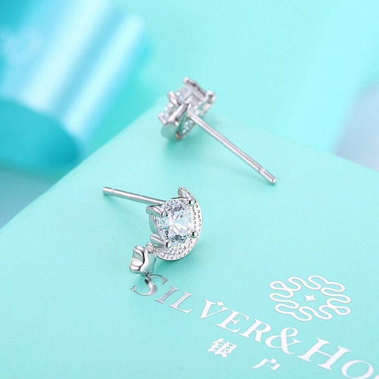 Wholesale Simple Fashion AAA Zircon Crystal crescent Small Stud Earrings Wedding 925 Sterling Silver Earring for Women Girls Jewelry Gift TGSLE078 2