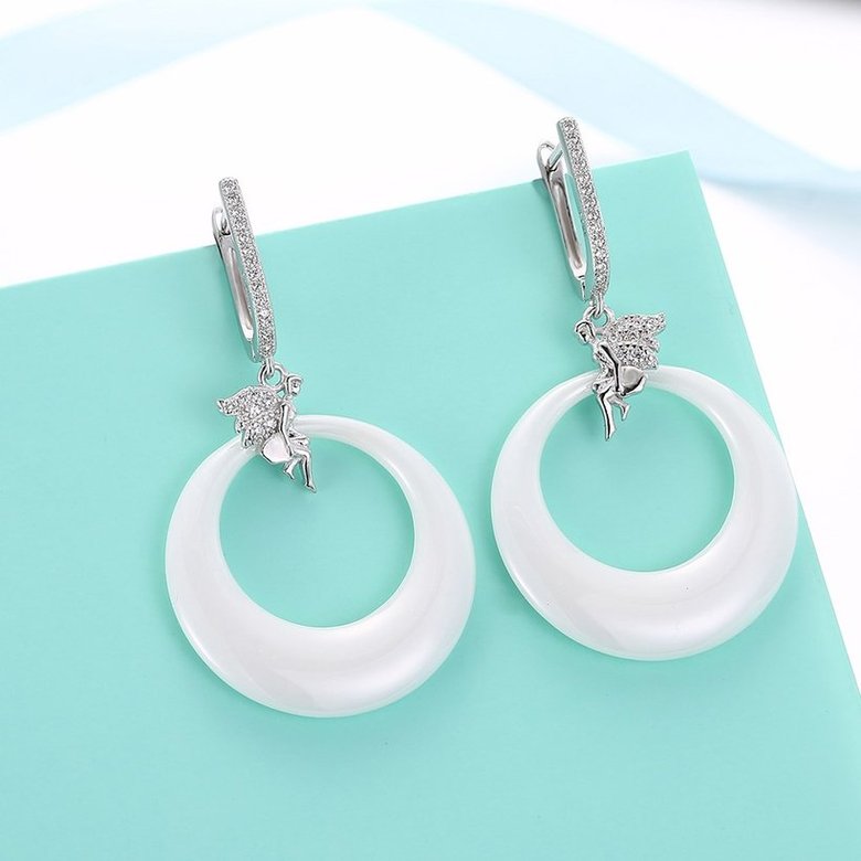 Wholesale Fashion white circle Ceramic Earrings For Women 925 Sterling Silver zircon dangle Earring fine Girl gift TGSLE209 3