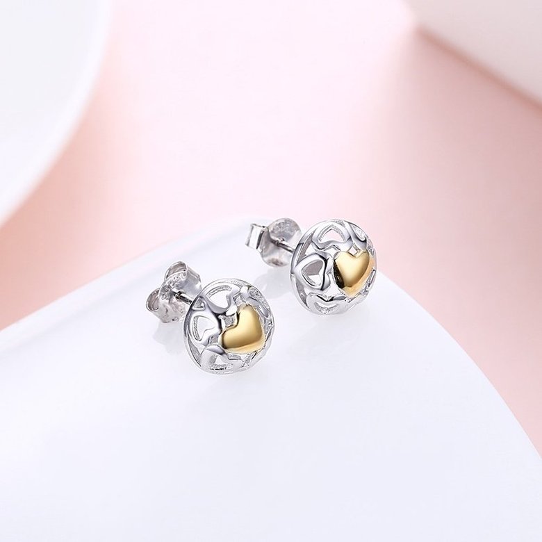 Wholesale Romantic delicate Female hollow out Small Stud Earrings Real 925 Sterling Silver gold heart Earrings Wedding jewelry TGSLE035 2