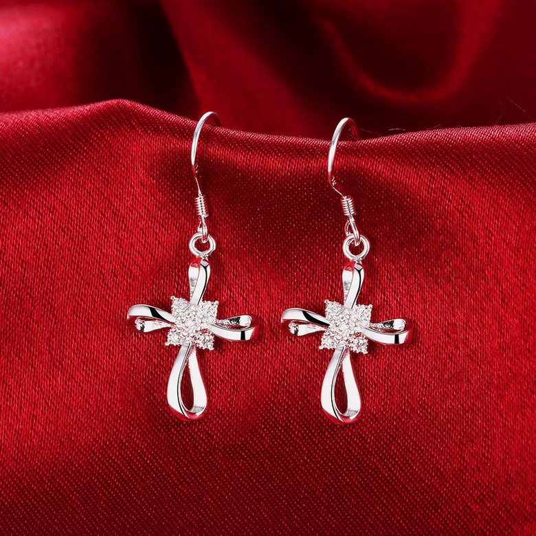 Wholesale Romantic Silver Bowknot White Dangle Earring Crystal Cross Dangle Earrings For Women New Trend Lady Fashion Jewelry  TGSPDE053 2