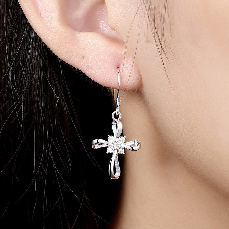 Wholesale Romantic Silver Bowknot White Dangle Earring Crystal Cross Dangle Earrings For Women New Trend Lady Fashion Jewelry  TGSPDE053 3