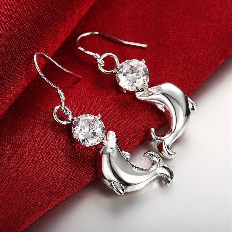 Wholesale Little Dolphin zircon dangle Earrings For Women  Silver Cute Little Animals Marine Organism Fine Jewelry Unique Earring TGSPDE289 2