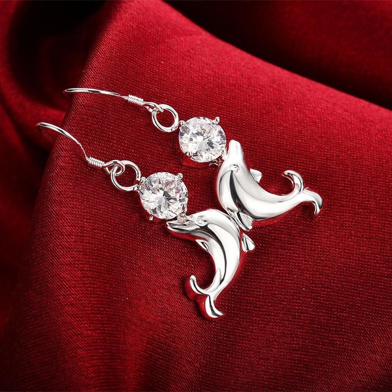 Wholesale Little Dolphin zircon dangle Earrings For Women  Silver Cute Little Animals Marine Organism Fine Jewelry Unique Earring TGSPDE289 3