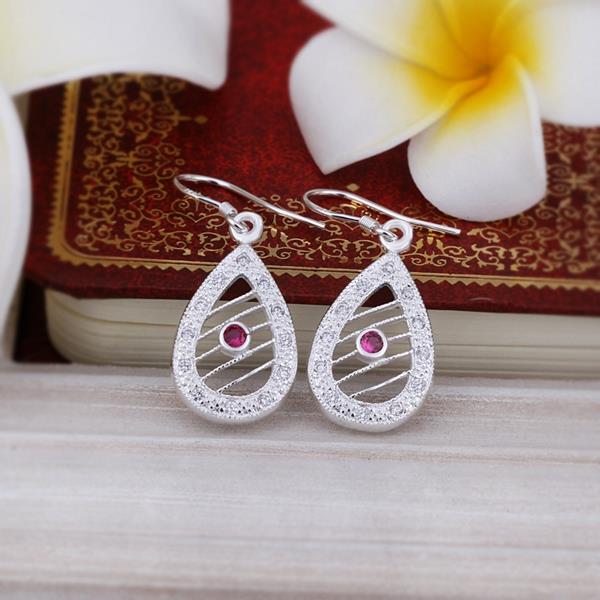 Wholesale Vintage Ethnic Earring Geometric Antique Silver Color Gold Hollow Flower red zircon Drop Earring Piercing Earring  TGSPDE369 4