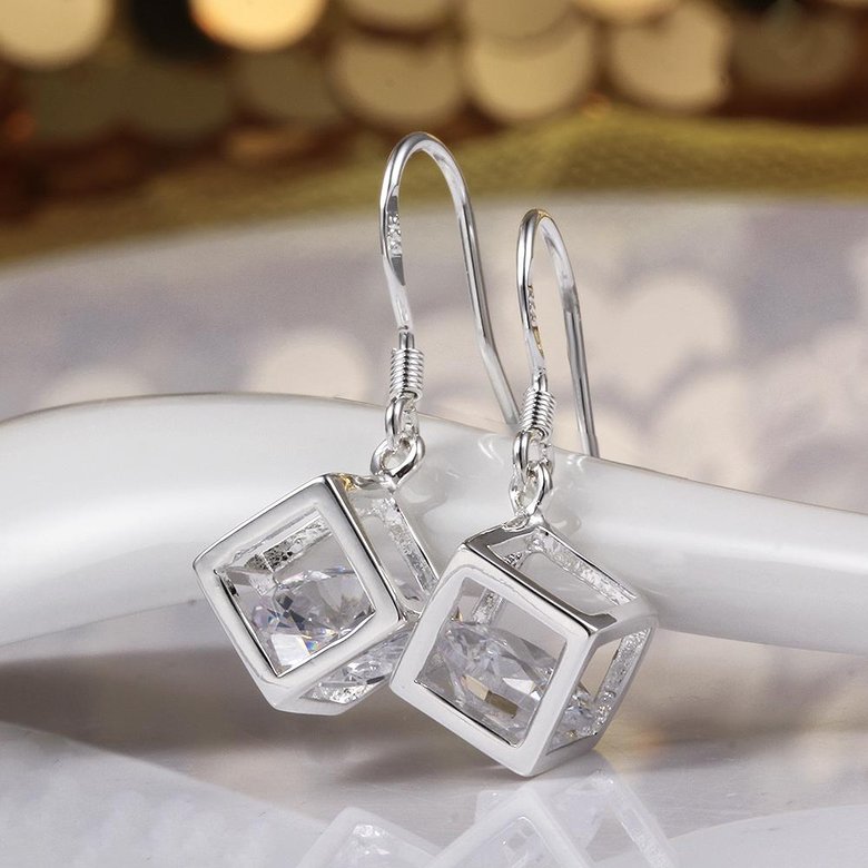 Wholesale Delicate Trendy Silver Geometric CZ Dangle Earring Cube Zircon Square Dangle Earrings For Women brincos Gift Wedding Jewelry TGSPDE060 2