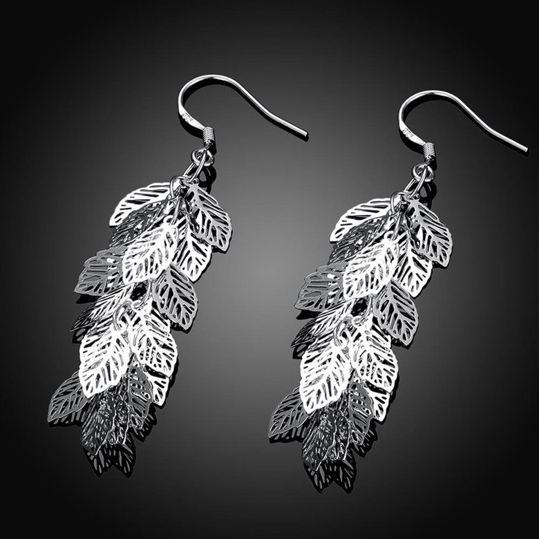 Wholesale Romantic Silver Plated Dangle Earring hollow out leaf long earring for women fine gift TGSPDE147 2