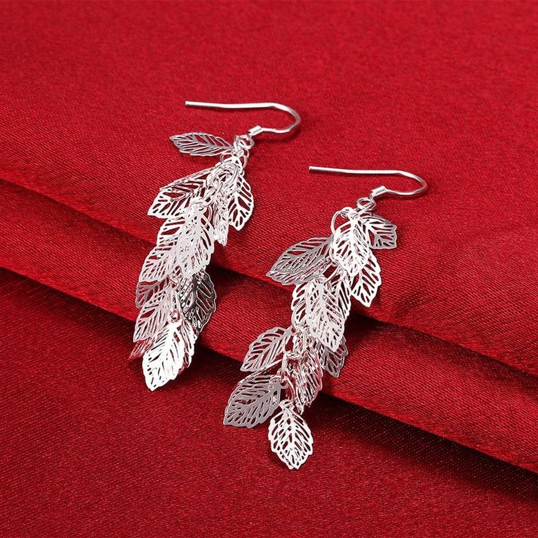 Wholesale Romantic Silver Plated Dangle Earring hollow out leaf long earring for women fine gift TGSPDE147 3