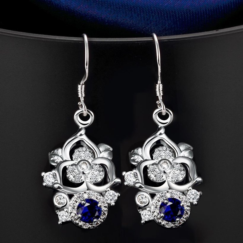 Wholesale Classic Silver Geometric Dangle Earring Blue crystal Drop Earrings For Women Bridal Wedding Jewelry Gifts TGSPDE077 4