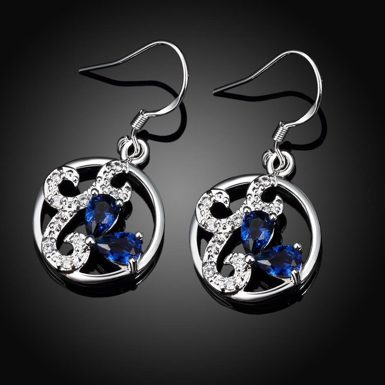 Wholesale Classic luxury Silver round Dangle Earring Blue crystal long Drop Earrings For Women Bridal Wedding Jewelry Gifts TGSPDE098 1