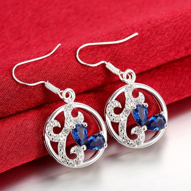 Wholesale Classic luxury Silver round Dangle Earring Blue crystal long Drop Earrings For Women Bridal Wedding Jewelry Gifts TGSPDE098 2