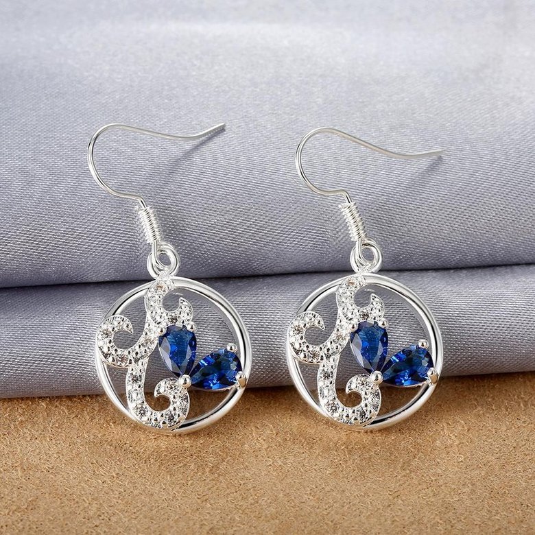 Wholesale Classic luxury Silver round Dangle Earring Blue crystal long Drop Earrings For Women Bridal Wedding Jewelry Gifts TGSPDE098 3